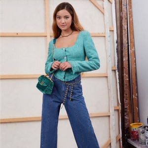 teal / turquoise tweed raw hem top / jacket